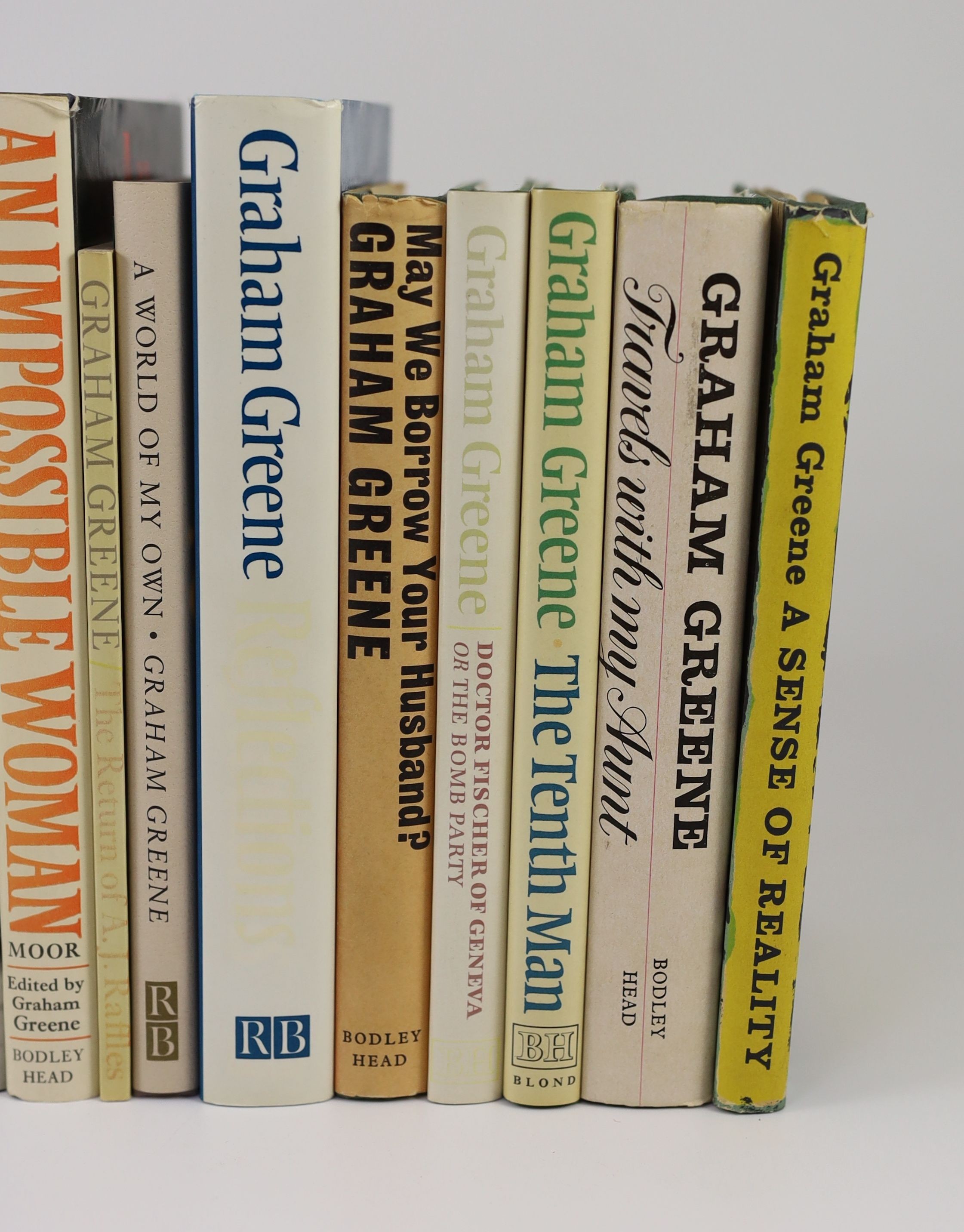 Greene, Graham - 14 works, all 1st editions, in d/j’s:- Monsignor Quixote, 1982; A Sense of Reality, 1963; Travels with my Aunt, 1969; The Tenth Man, 1985; Doctor Fischer of Geneva or The Bomb Party, 1980; May We Borrow